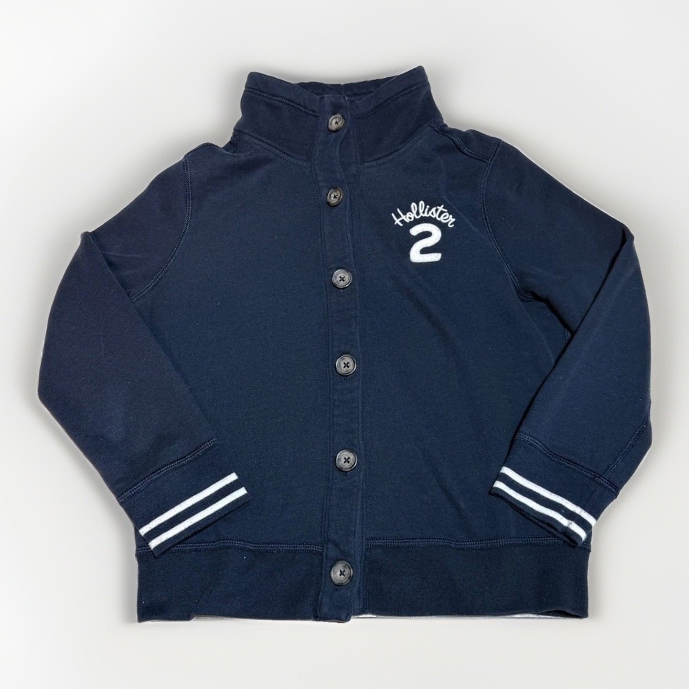 Y2k Hollister Navy Blue Button Front Mock Neck Sweatshirt Varsity Logo Large